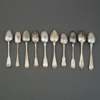 10 18th and 19th century silver spoons from Denmark, Russia, Britiain and Sweden.