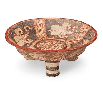 A MAYAN POLYCHROME TRIPOD CEREMONIAL CHOCOLATE BOWL, late Classic, ca 550-950 A.D.