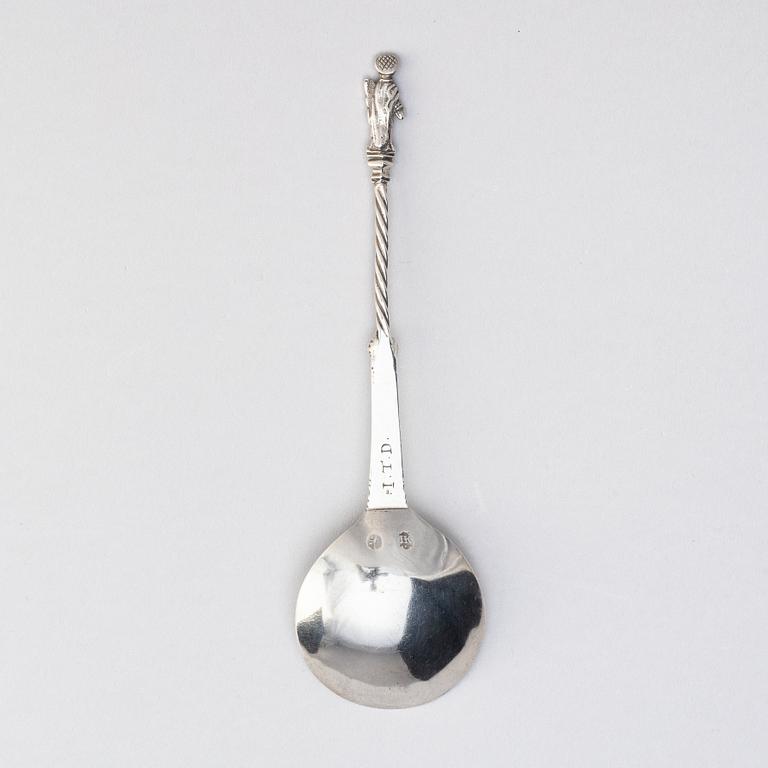 A probably Scandinavian 18th century silver spoon, unidentified makers mark IK, unclear hallmark.