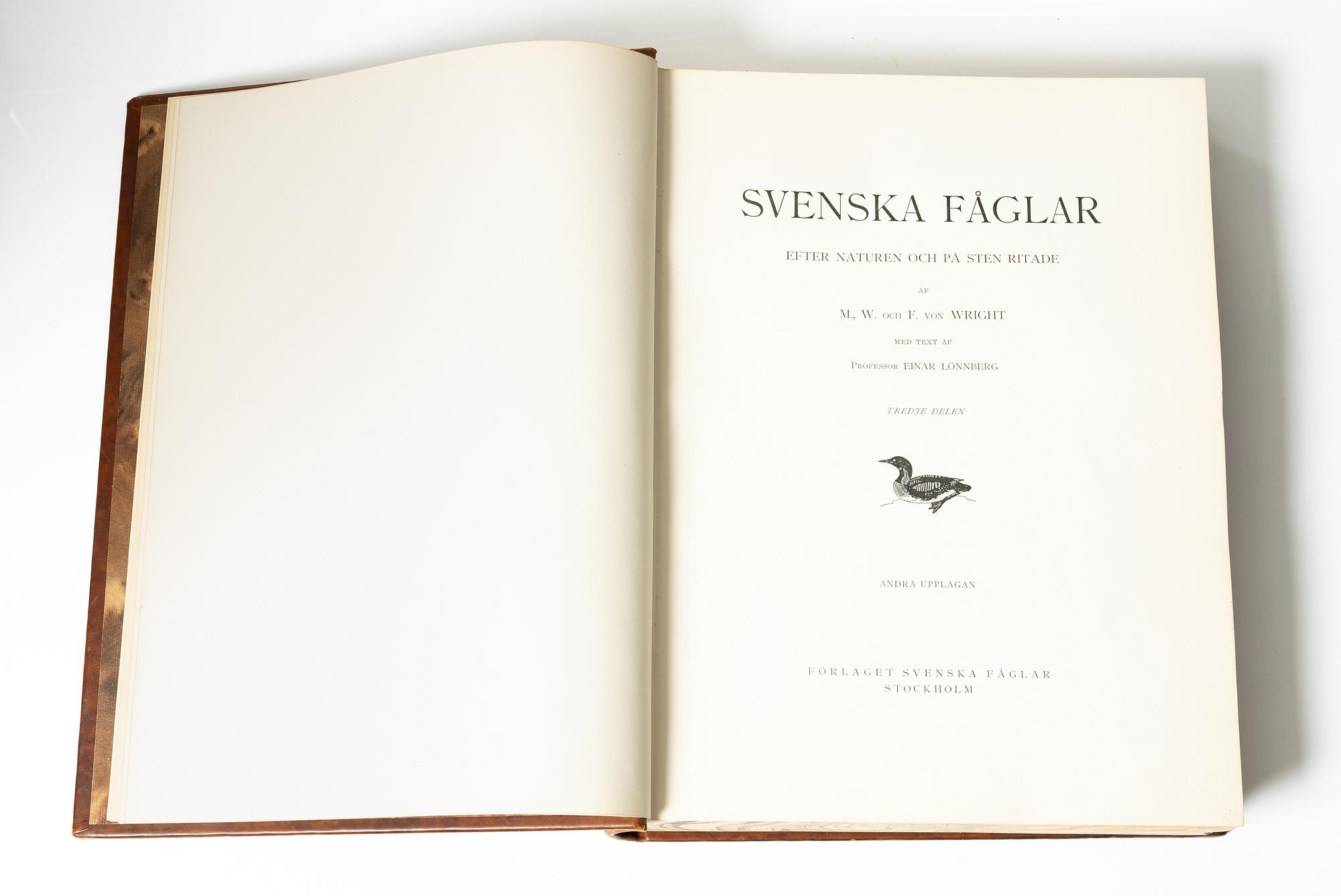 Bröderna von Wright, books, three volumes, 'Svenska fåglar', A. Börtzells tryckeri AB, Stockholm, 1927-29.