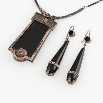 Necklace and a pair of earrings, silver, onyx, mother-of-pearl, and pyrite.