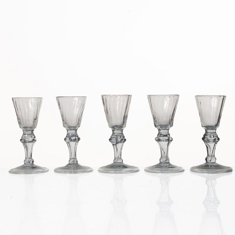 A set of five fluted glasses, 19th century.