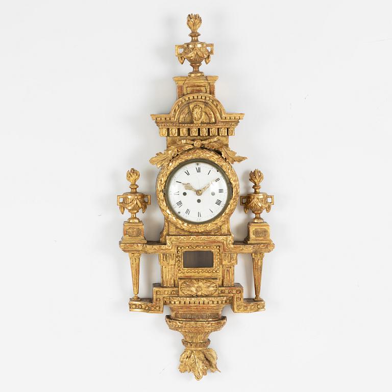 A presumably French Louis XVI giltwood wall clock, late 18th century.