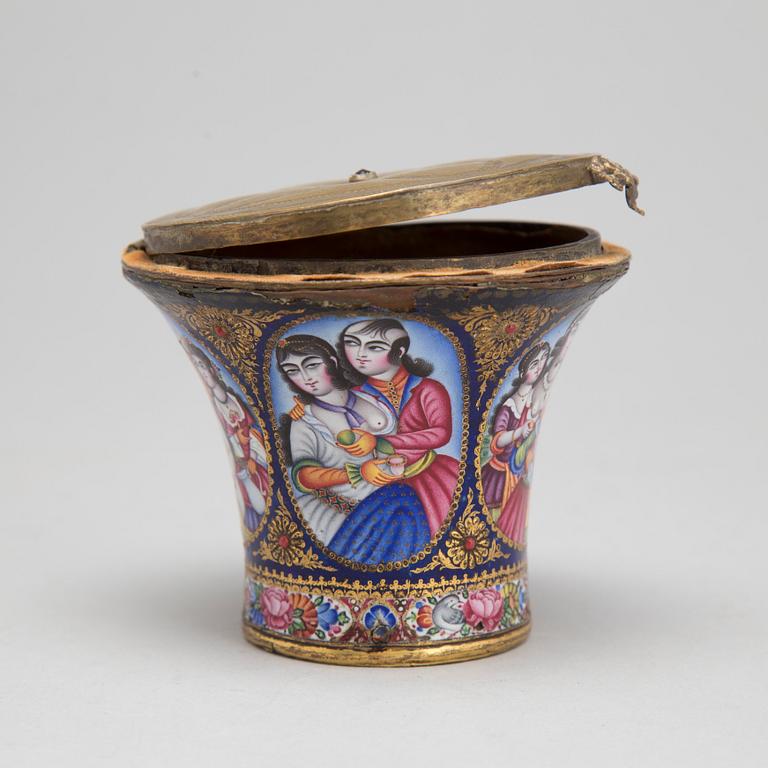 A Qajar polychrome enamelled ghalian cup, Persia, 19th century.