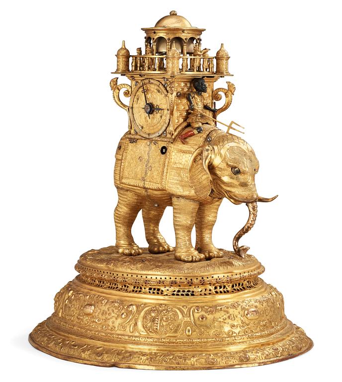 An important South German late 16th century gilt copper and bronze elephant automaton figure clock.