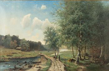 Alexis Ankarcrona, Summer landscape with woman and cow.