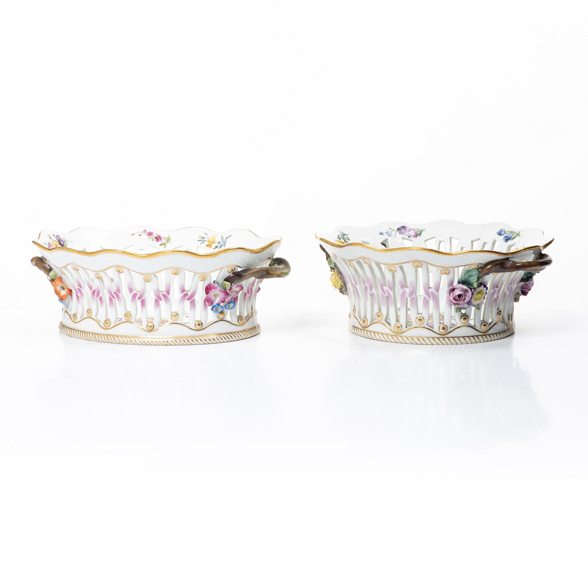 Royal Copenhagen, Two pierced bowls with dishes, 2 pcs, porcelain, Saxon flower, Denmark, 20th century.
