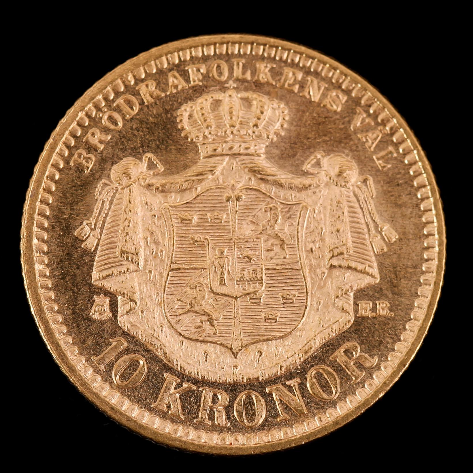 GULDMYNT, 10 kronor, Oscar II, 1894.  Vikt ca 5 gram.