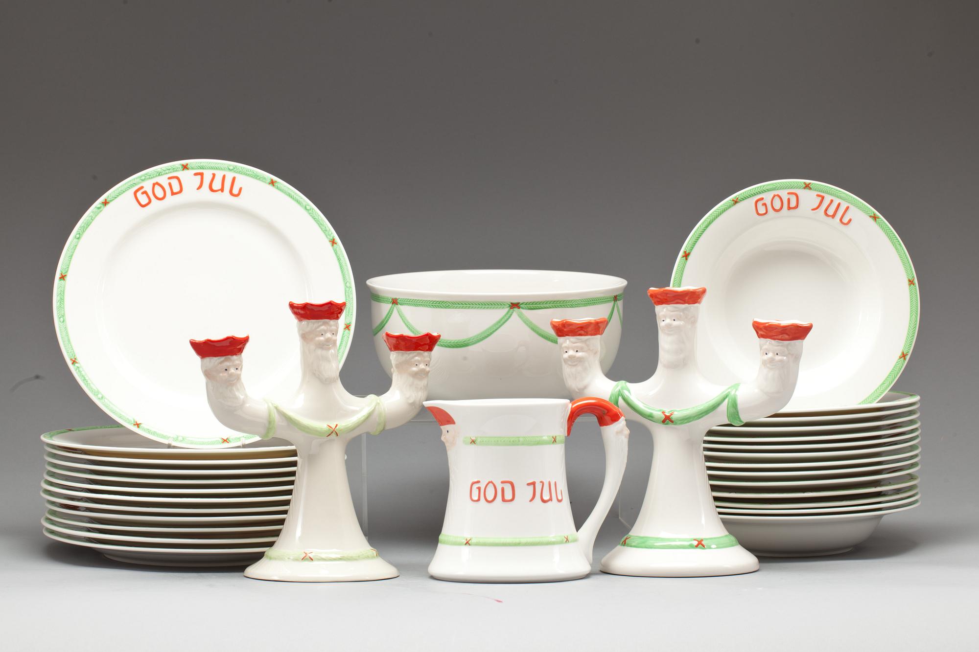 JULSERVIS, ca 30 delar, flintgods,  "God Jul", "old Gustavsberg", Rörstrand 1900-talets slut.