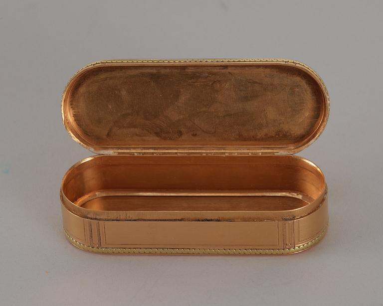 A Swedish 18th century gold snuff-box, makers mark of Friedrich Fyrwald, Stockholm 1791.