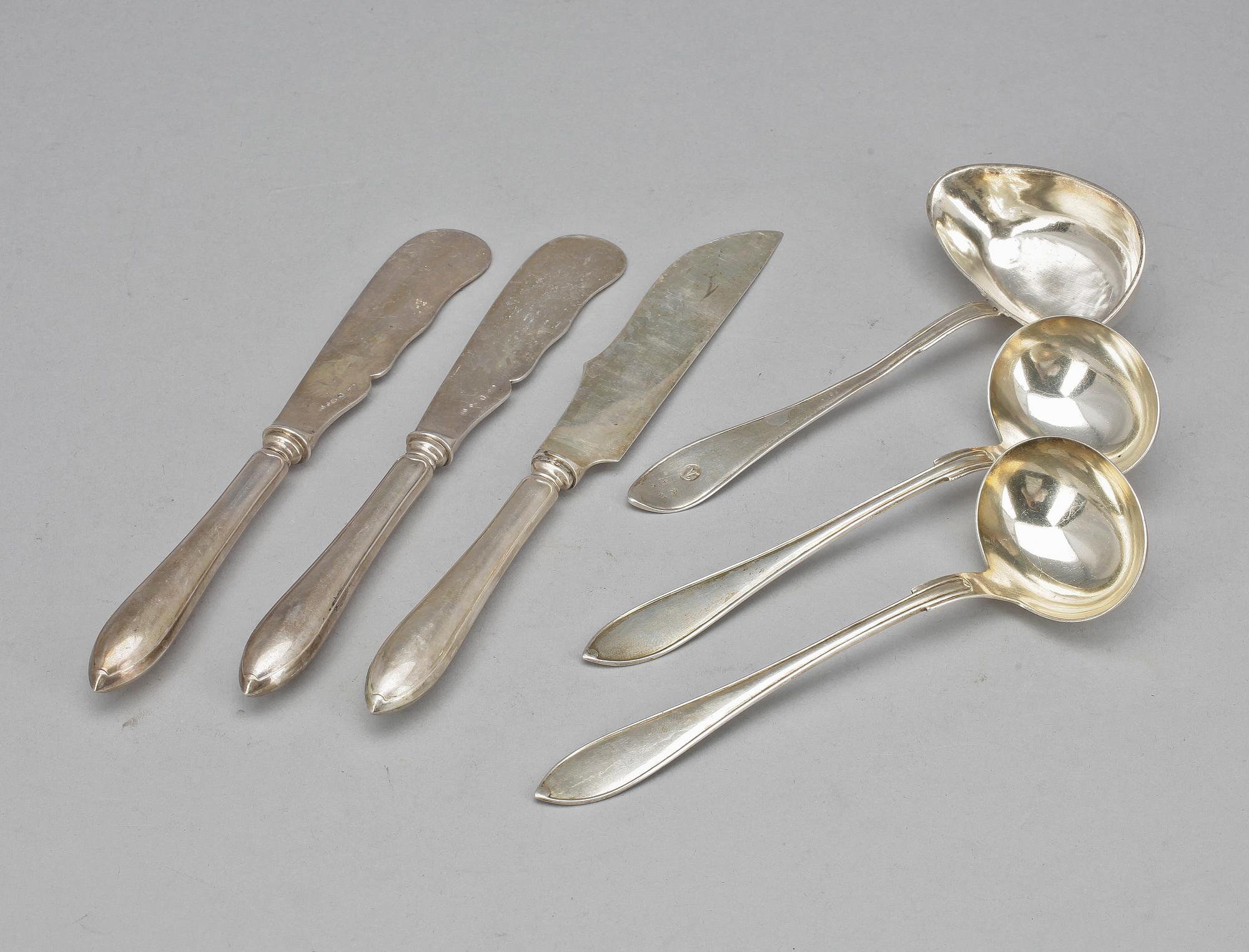 BESTICK, 6 st, silver, "Spetsig svensk", mest GAB, 1800-1900-tal. Totalvikt ca 300 gram.