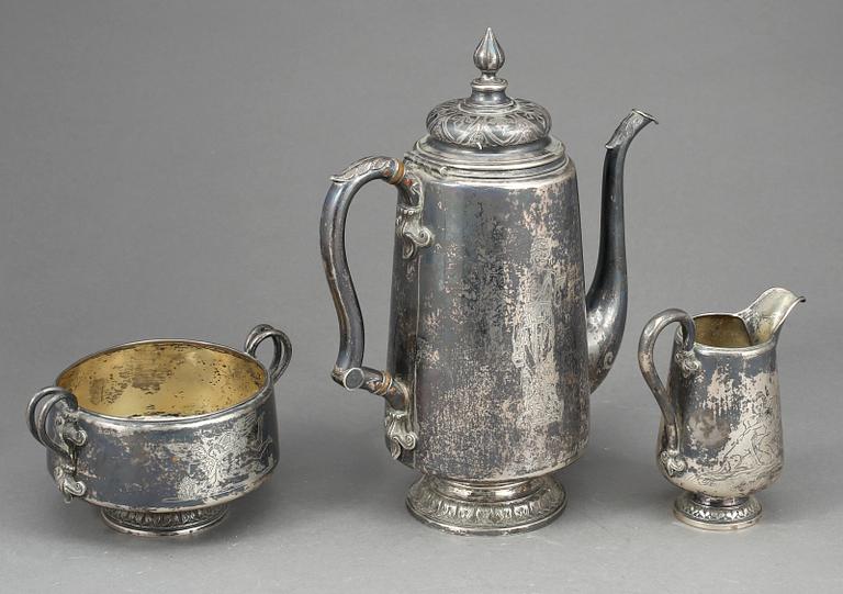 KAFFESERVIS, 3 delar, silver, Gustav Dahlgren, Malmö, 1871. Total vikt ca 990 gram.