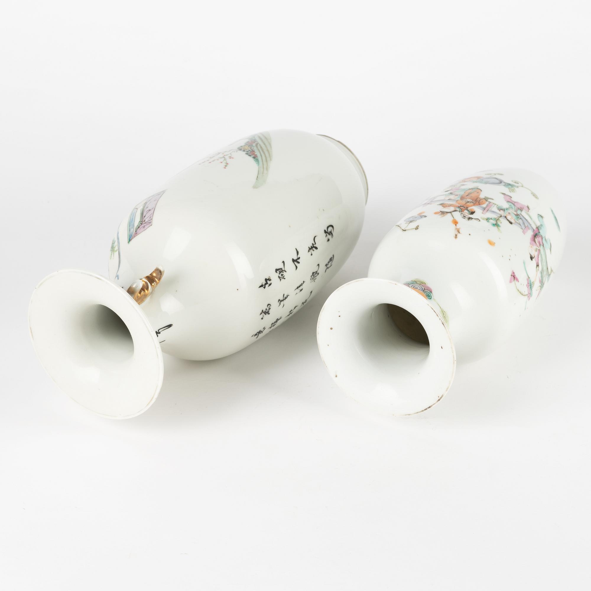 A set of two Chinese famille rose vases and two cups with covers and stands, late Qing dynasty/early 20th Century.
