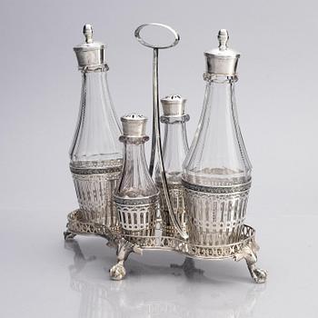 A Swedish 18/19th century silver and glass cruet-set, mark of Pehr Zethelius and Paul Wihlborg, Stockholm 1795 and 1814.