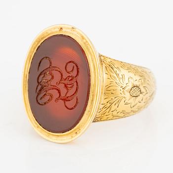 Ring, seal, 18K gold with carnelian and monogram, 1850s.