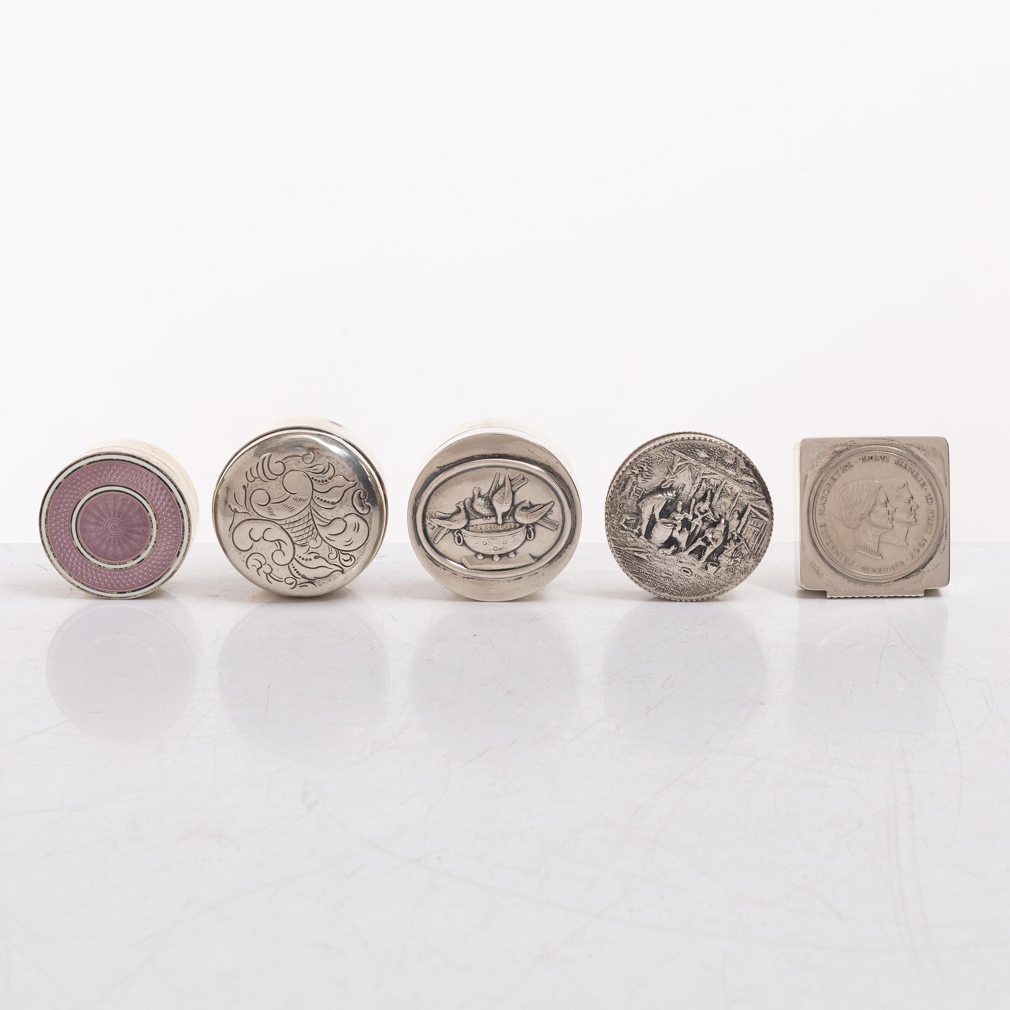 Seven silver boxes and cigarette cases, including with mark of Carl Fredrik Hultbom, Stockholm 1841.