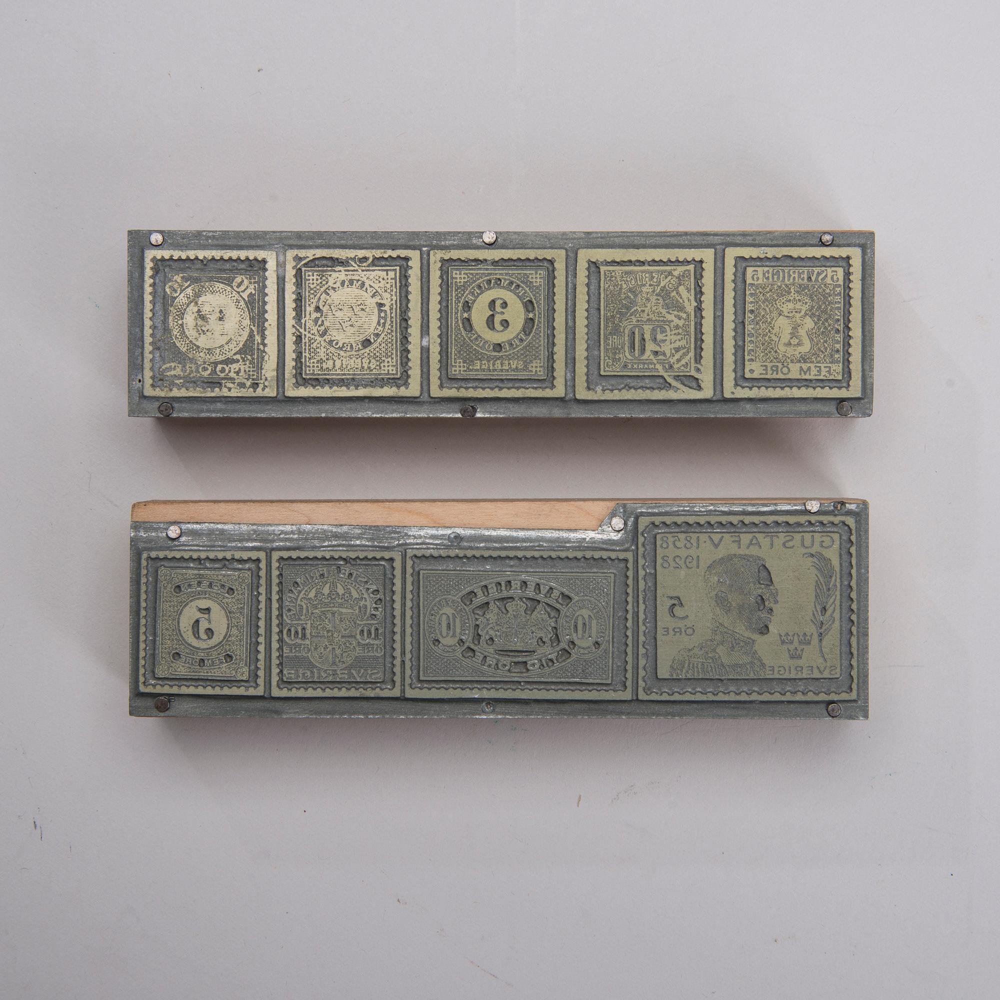 TRYCKBLOCK, 2 delar, trä och metall, Sverige 1858-1928.