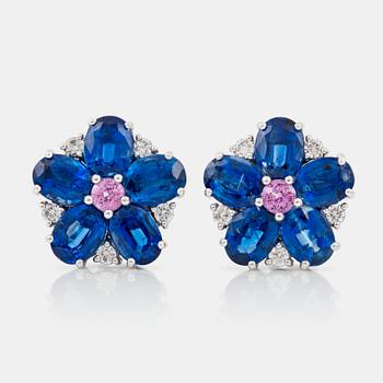 1318. A pair of sapphire, circa 0.85 ct, kyanite, circa 19.10 cts and diamond, circa 0.60 ct, earrings.