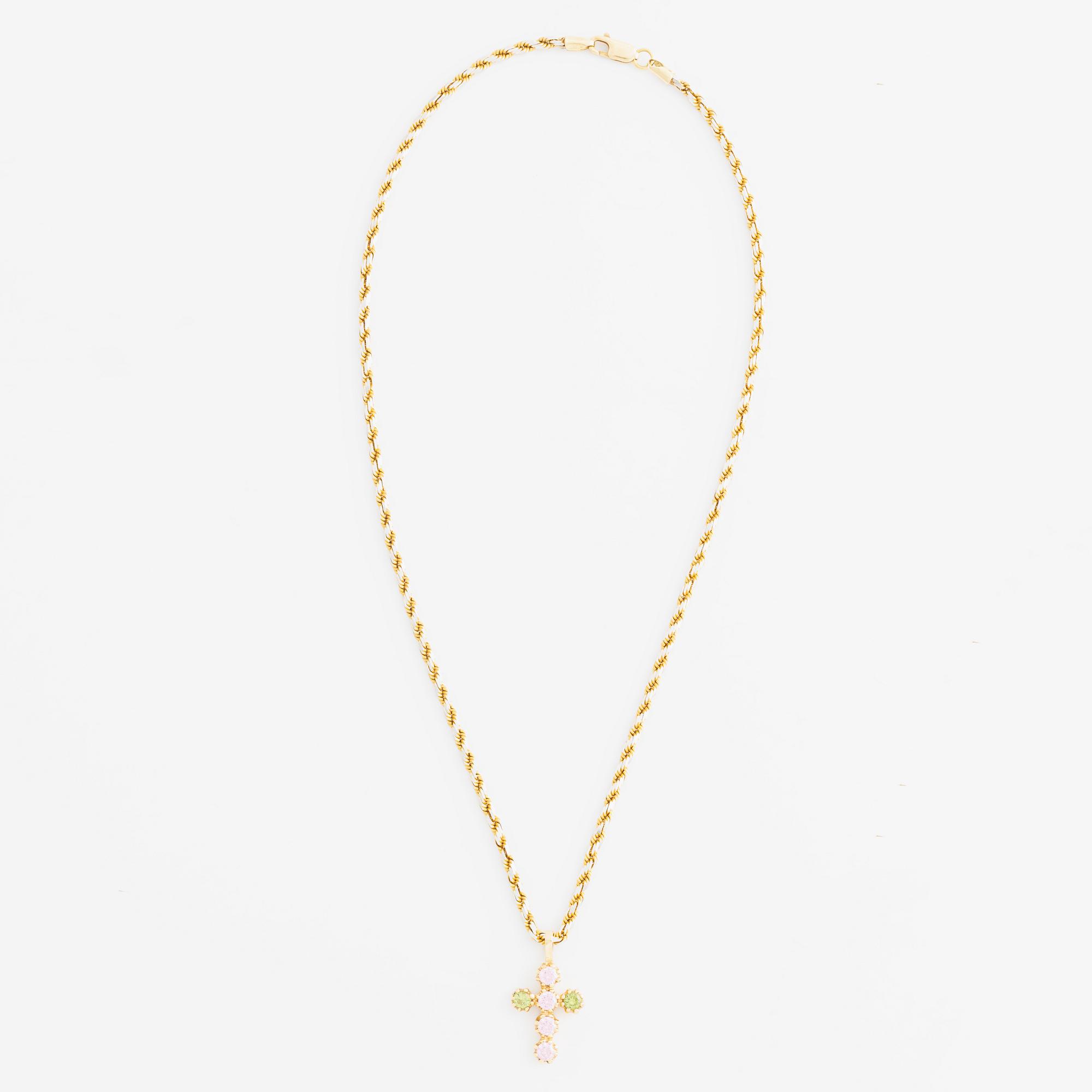 Hänge, kors med peridot och rosa stenar, med kedja.