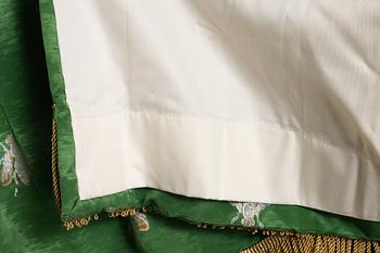 Curtain, patterned emerald green silk.