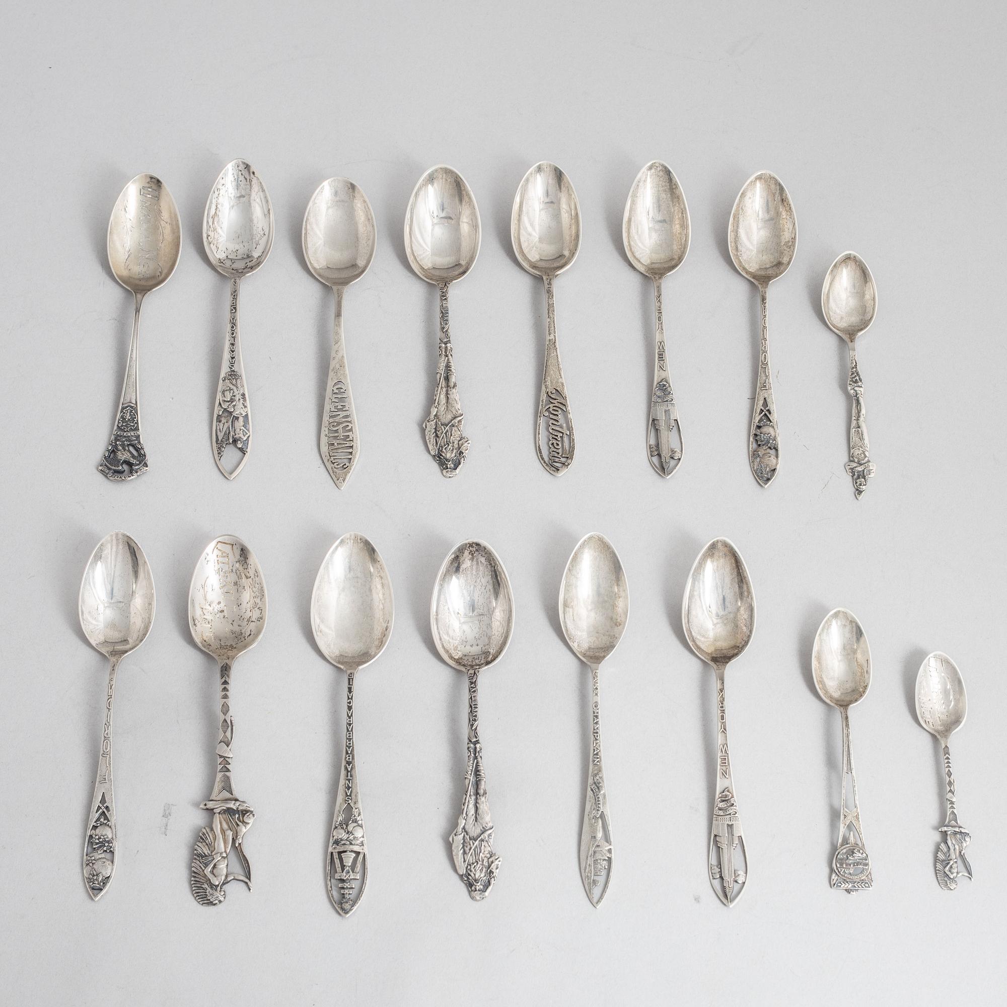 Souvenir spoons, 16 pcs, sterling silver, North America, circa first half/mid 20th Century.