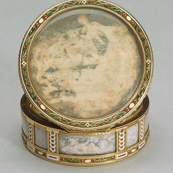 A Fabergé gold, enamel and miniature box, workmaster Henrik Wigstrom, St. Petersburg 1899-1908. Scratched inventory no.