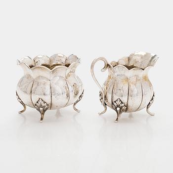 Silver cream jug and sugar bowl, possibly Germany, pseudo marks, import marked Hugo Grün, Helsinki 1931.