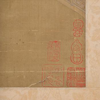 A Chinese scroll painting, ink and colour on silk, late Qing dynasty after Qiu Ying.