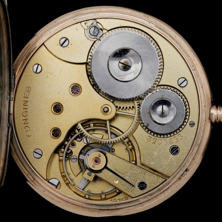 HERRFICKUR, 14k, med klockkedja, Longines. 1800/1900-tal. Vikt 71 resp 35g.