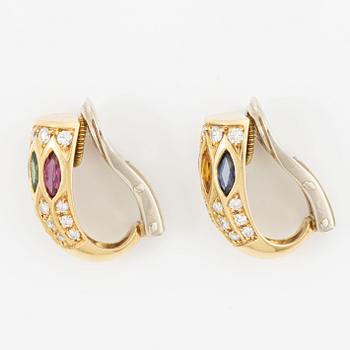 Earrings, 18K gold with diamonds, sapphires, emeralds, rubies, and citrines.
