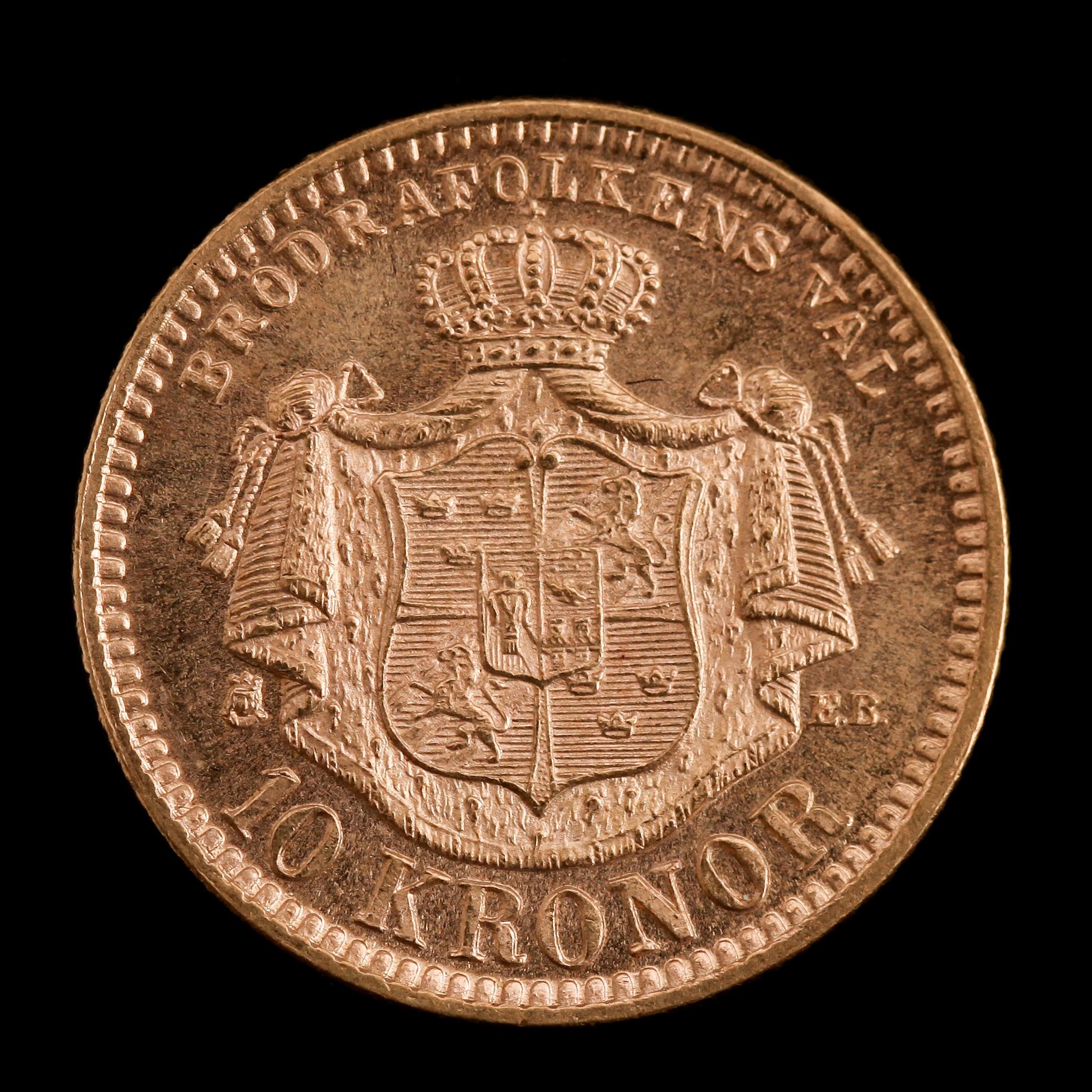 GULDMYNT,10 kronor, Oscar II, 1894.  Vikt ca 9 gram.