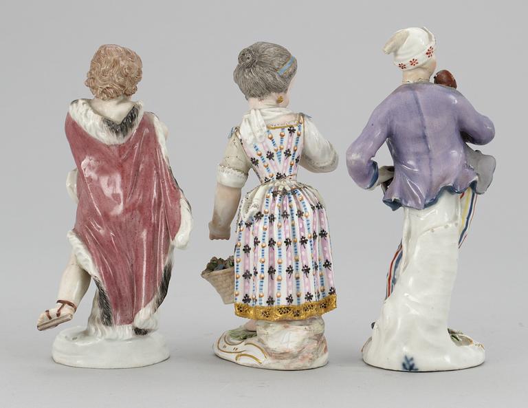 A set of three Meissen 19th cent figurines.