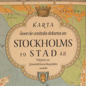 KARTA ÖVER DE CENTRALA DELARNA AV STOCKHOLMS STAD, Utgiven av Generalstabens litografiska anstalt, 1948.