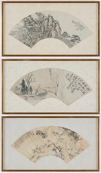 A group of three Chinese fan paintings, 20th century.