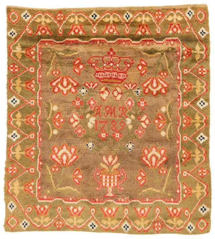 Täcke, rya, ca 181,5 x 160 cm, Finland, daterad 1789.