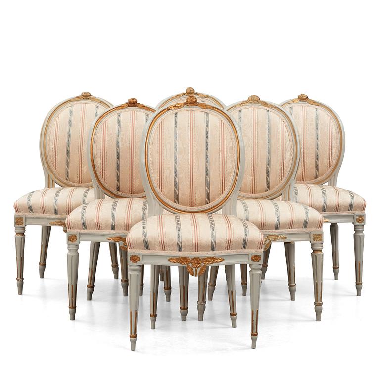 A set of six carved Gustavian chairs, one by Eric Levin (master ca 1780), late 18th century.