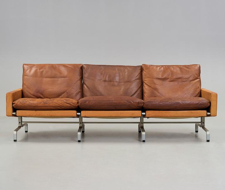 Poul Kjaerholm, a 'PK-31-3' three seated steel and brown leather sofa, E Kold Christensen, Denmark 1960's.