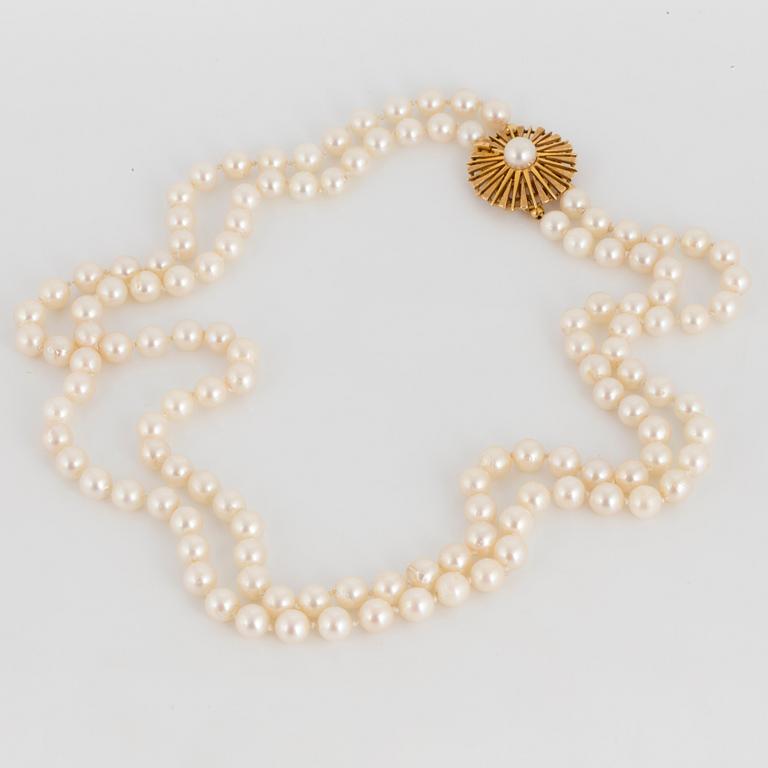 A PEARL NECKLACE, two strands, with cultured pearls.