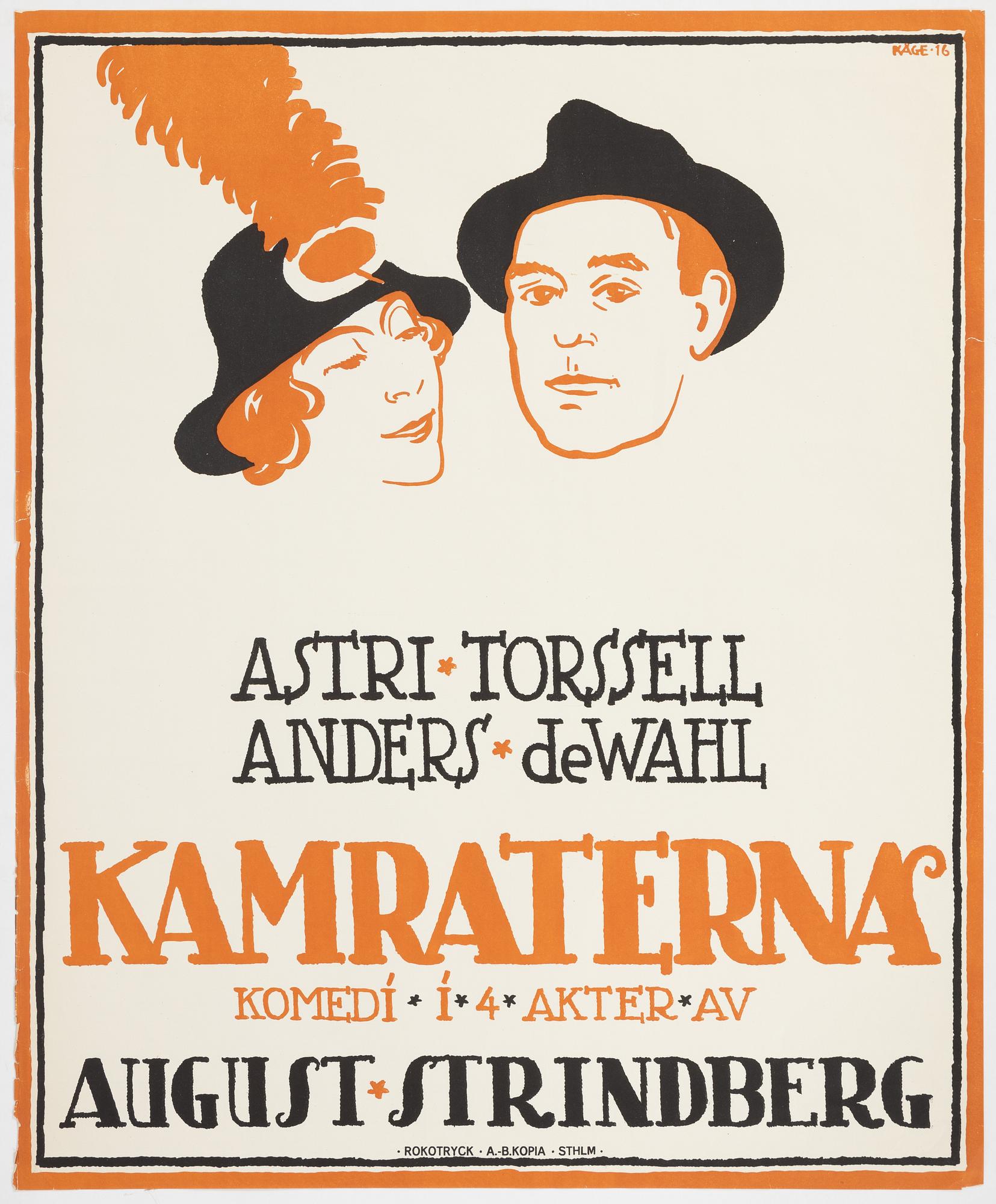 Wilhelm Kåge, litografisk affisch, "Kamraterna August Strindberg", Rokotryck, A.-B. Kopia, Stockholm, 1916.
