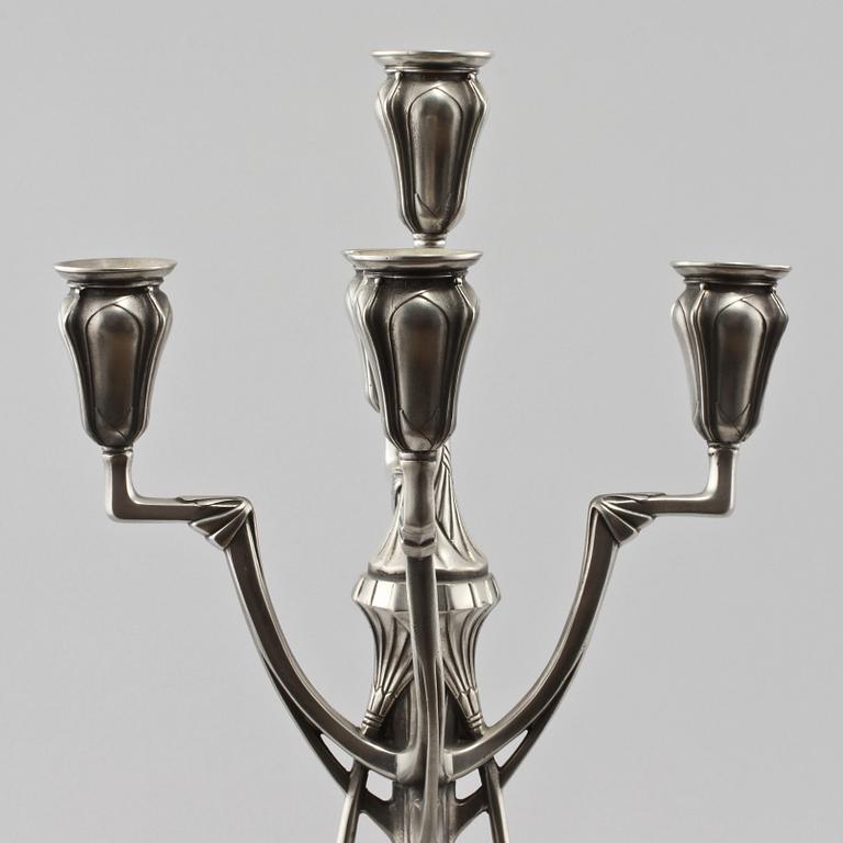 KANDELABRAR, ett par, tenn, jugendstil, kopia efter WMF, 1900-tal.