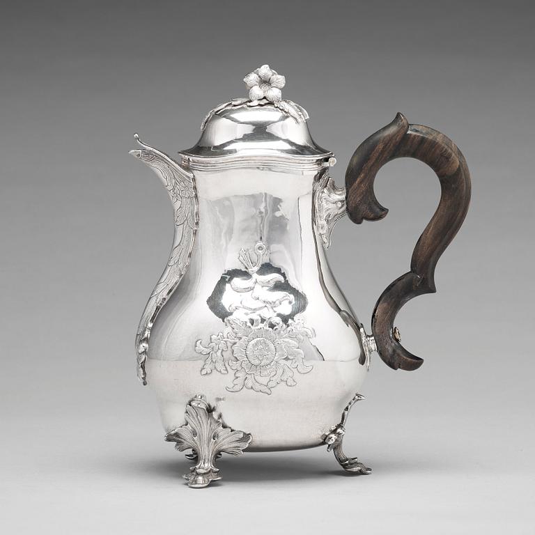 A Swedish 18th century silver rococo coffee-pot, mark of Peter Ohlijn, Karlskrona 1780.