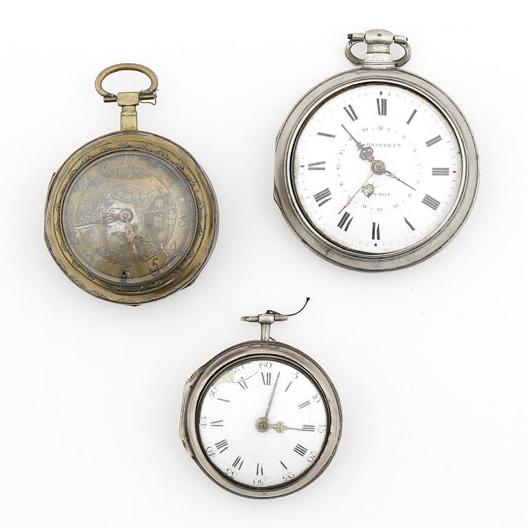 HERRFICKUR, 3 st, silver resp mässing, samtliga London, 1700-1800-tal. Silveruren tot ca 305 gram.