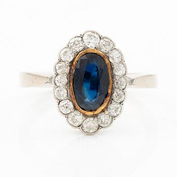 Ring, camrose model, 18K white gold with sapphire and old-cut diamonds.