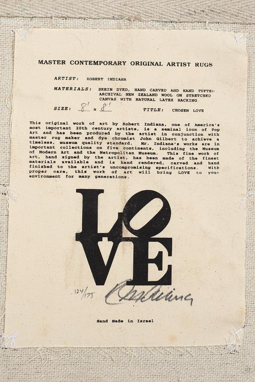 Robert Indiana, matto, "White on Black", Chosen Love, hand tufted in 1995, ca 243 x 247,5 cm.