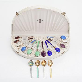 Tillander, sixteen enamelled and gilded silver coffee spoons, Helsinki 1952-65. Twelve in original box.