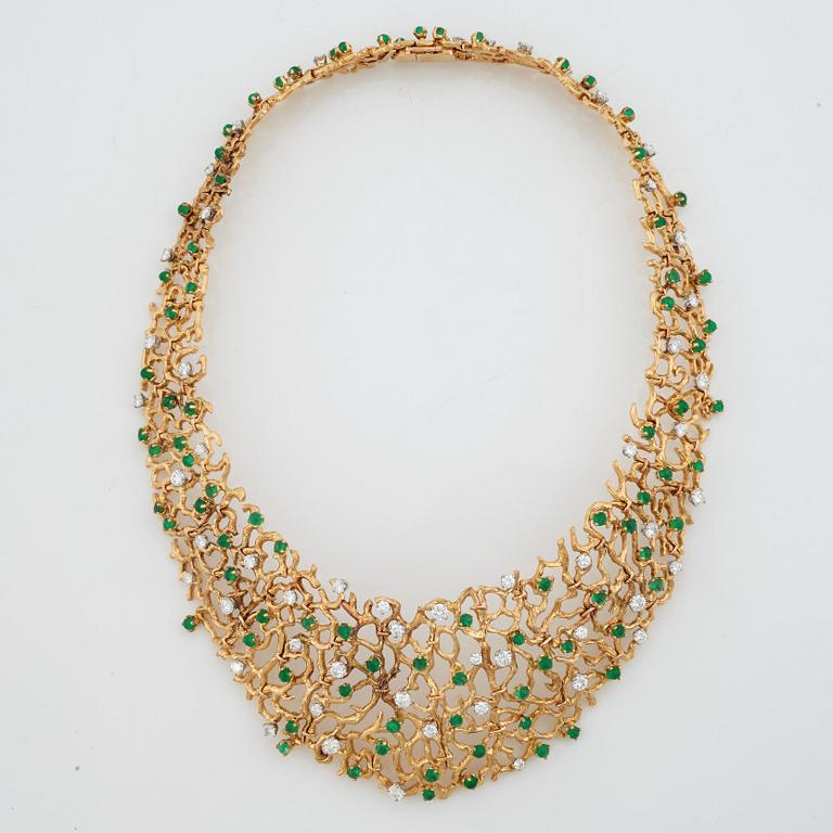 A emerald and brilliant cut diamond necklace by Gilbert Albert, Geneve, Zürich.