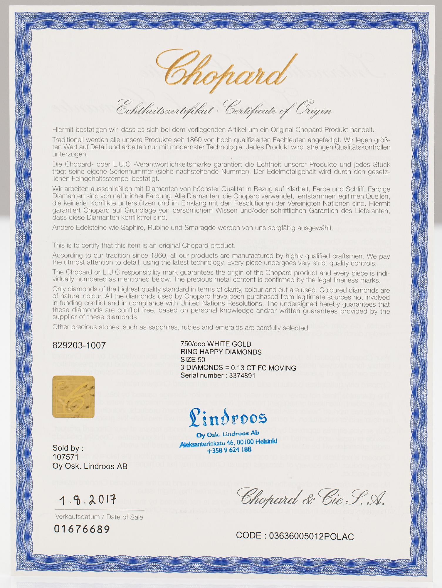 Chopard, Ring "Happy diamonds", 18K vitguld, diamanter ca 0.13 ct tot. Märkt.