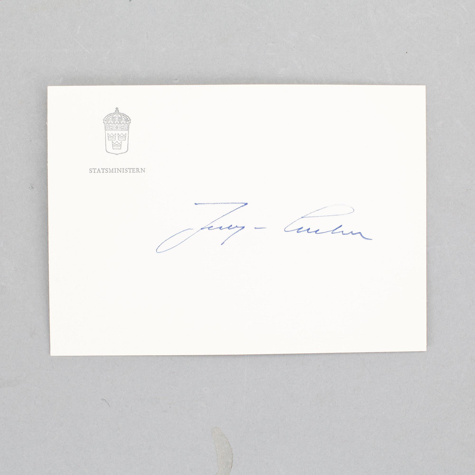 SVENSKA STATSMINISTRARS AUTOGRAFER, 7 st, från Olof Palme till Fredrik Reinfeldt. 1976-2007.