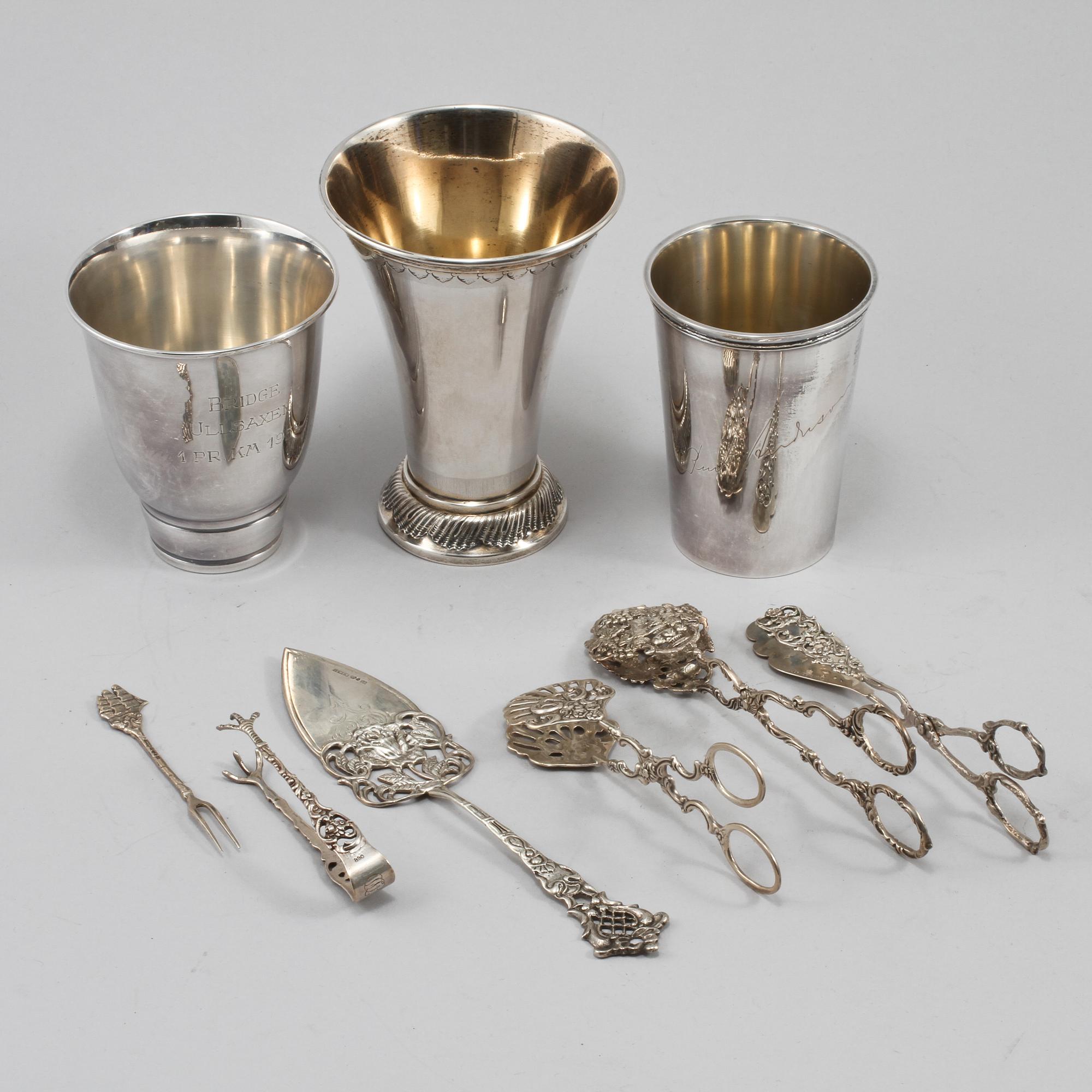 PARTI SILVER, 9 delar, Sverige samt svenska importstämplar, omkring 1900-talets mitt, vikt 457 gram.