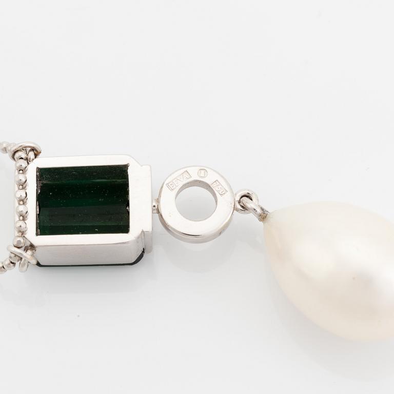 Efva Attling, Green tourmaline, brilliant cut diamond and pearl necklace.